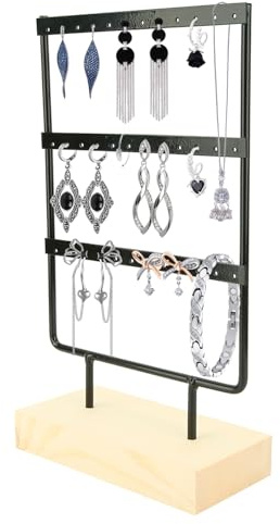Hapivida Schmuckständer Organizer, Ohrringhalter 36 Löcher 3 Etagen Metall Schmuck Aufhängeregal Holz Ring Ohrring Ablage für Halsketten, Ringe, Armbänder(Schwarz)