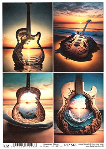 Josys Bastelmärchen Reispapier A4 Strohseide Meer See Gitarre Musik Sonnenuntergang Strand RE1548