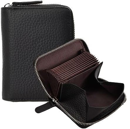 Jinlaili Geldbörse Damen, Klein Echtes Leder Geldbeutel, Portemonnaie mit Reißverschluss und Viele Fächer, RFID Blockierung Kreditkartenetui, Geldtasche, Brieftasche, Scheckkartenetui (Schwarz)