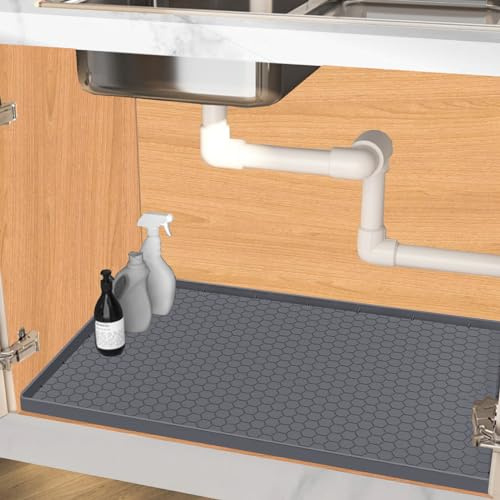 Jacooxi Under Sink Mat 22 x 19, Silicone Under Sink Protector Mat for Kitchen Waterproof, Easy to Clean Bathroom Cabinet Mat Organizers and Storage, Grey