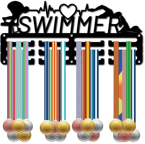 CREATCABIN Schwimmer-Medaillenaufhänger,Schwimm-Medaillenhalter,Präsentationsständer,Sport-Metallaufhänger,Auszeichnungen,Eisen,Kleine Halterung,Dekoration Für Zuhause,Rennen,Laufen,Schwarz,29x13cm