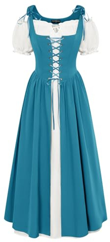 SCARLET DARKNESS Robe Femme d'Été Longue Médiévale 2 Pièces, Manches Bouffantes et Taille Cintrée Bleu L