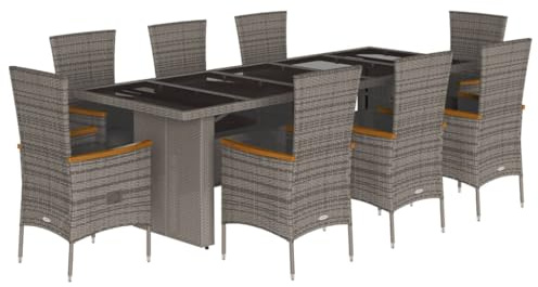 vidaXL Matgrupp för trädgården med dynor 9 delar grå konstrotting, matgrupp för trädgården, matbord och stolar, uteplatsbord och stolar