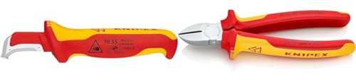 Knipex Abmantelungsmesser mit Gleitschuh isolierender Mehrkomponenten-Griff & Seitenschneider, verchromt, 180 mm, Chrom-Vanadium Stahl, VDE