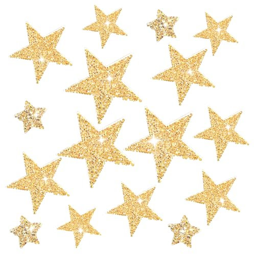 Prasacco 16 Stück Bügelbilder Stern Patches zum Aufbügeln, Strass Stern Aufnäher zum Aufbügeln Goldene Glitzerstern Aufnäher Deko für DIY Jacken T-Shirts Jeans Röcke Hüte Rucksäcke (2/4/5/6/8 cm)