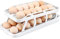 Longzhuo 28-Egg Fridge Organizer - BPA-Free Plastic Storage Box with Stackable Design & Dispenser Tray, Double Row Rolling Refrigerator Egg Holder with Date Plate (White)
