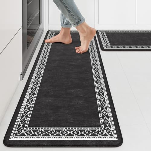 KIMDOE Gepolsterte Anti-Müdigkeit-Küchenmatte, rutschfest, wasserdicht, Küchenläufer, Teppich, ergonomisch, Komfortschaum-Stehmatte für Küchendekoration, Böden, Büro, Wäsche, Schwarz, 43,2 x 74,9 cm +