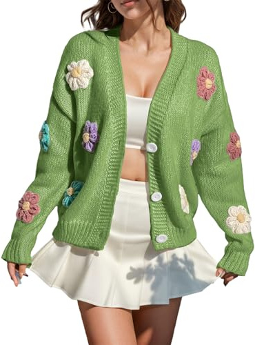 Womens Knit Cardigan Flower Beauty Applique Button up Sweater Coat Aesthetic Embroidery Fluzzy Sweaters for Ladies Cute Fashion Cardigans Long Sleeve Tops Open Front Outfit Clothes for (Green, L)
