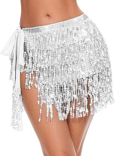 Faldas con Flecos de Lentejuelas, Falda Lentejuelas, Danza del Vientre Falda, Falda De Lentejuelas para Mujer, Falda Latina Brillante, Borla Vientre Cadera Bufanda, para Mujeres y Niñas
