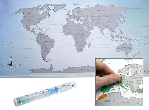 blupalu Rubbel-Weltkarte zum Freirubbeln - Hochwertige Reisekarte mit Zubehör-Weltkarte zum Rubbeln- ca. 890x590 mm- Scratch Off Map-Geschenkidee für Weltenbummler & Reiseliebhaber. (Silber)