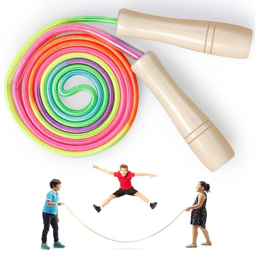 Romon Springseil Kinder, Holzgriff Springseil Kinder, 5m Verstellbares Jumping Rope, Regenbogenfarbenes Seilspringen Für Jungen Und Mädchen Von 4-12 Jahren, Kindersport,Geeignet Für Mehrere Benutzer