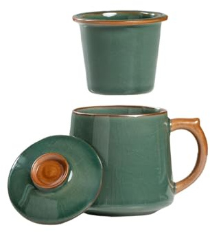 HAFTOLYR Taza de Té de Cerámica con Infusor y Tapa, Filtro Extraíble, 400 ml, Verde Oscuro, para Té, Café y Otras Bebidas