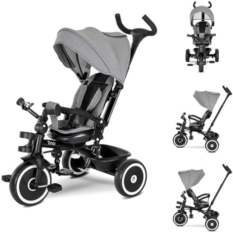 Lorelli Dreirad Tino ab 1 Jahr mit Schubstange, Sicherheitsgurt, 360 drehbar, Tricycle, Verstellbarer Elterngriff, Freilaufrad Funktion, Spielzeugkorb, Grau