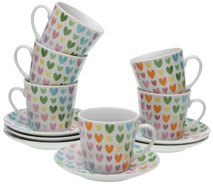 Versa Set de 6 tazas de té con plato Colour Hearts, Medidas (Al x L x An) 10,5 x 8 x 6 cm, Color Multicolor