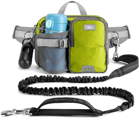 ETACCU Guinzaglio da corsa per cani, guinzaglio per cani a mani libere con cintura da passeggio in vita, resistente 2 manici per camminare, riflettente ammortizzante 120-180 cm (verde)