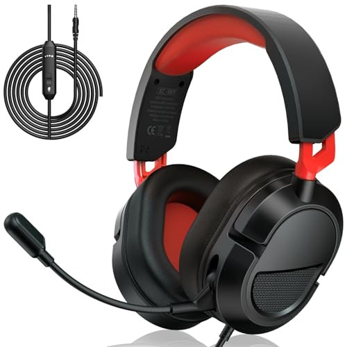 syndesmos Wired Gaming Headset for PS5 PS4 PC Xbox S/X Series Switch, Surround Stereo Sound Gaming Headphones with Noise Cancelling Mic, 3.5mm Over Ear Headphones with 40 mm Drivers, Red