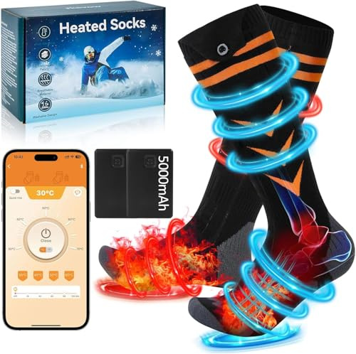 Heated Socks,Jkevow Rechargeable Electric Heating Socks 5000 mAh with 4 Levels of Temperature Settings & APP Control, Winter Foot Warmer for Men Women Outdoor Skiing, Winter Camping, Hiking