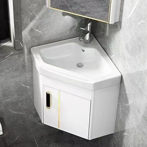 Hggdsac Wandmontiertes keramikwaschbecken, Eckwaschbecken Mit Unterschrank, Waschschale mit Ablagefach, Für Badezimmer, Küche, Waschküche oder Büro wertet(Weiß,38cm/14.9in)
