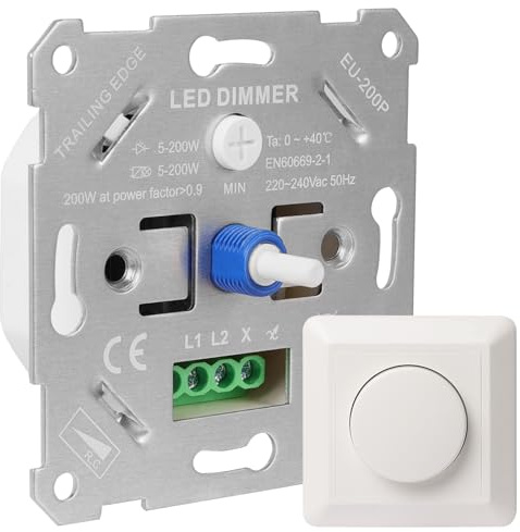 URing Dimmer LED dimmer 230 V interruttore dimmer per LED dimmerabili/alogeni 5-200 W dimmer per lampade LED, interruttore della luce da incasso, dimmer girevole con piastra di copertura bianca, senza