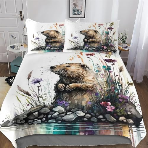 AASWSWW Beaver Duvet Cover Bedding Set Soft Microfiber Quilt Covers 3 PCs with Pillowcase For Boys, Girls Comforter Cover Double (200x200cm)
