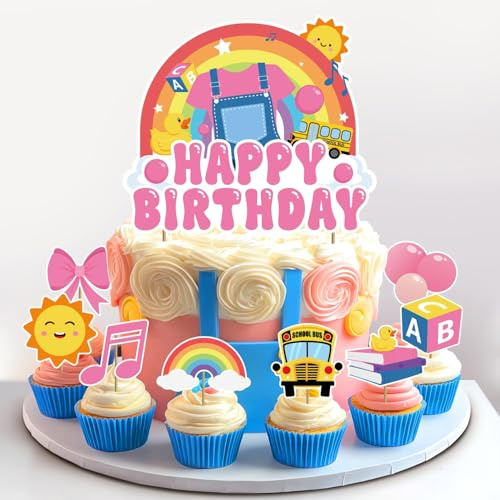Nymora 9 PIEZAS Girl Happy Cupcake & Cake Sticker - Cartoon-Lehrer-Partydekorationen con Rainbow ABC Bus para fiestas temáticas rosas, cumpleaños y fiestas de bebés