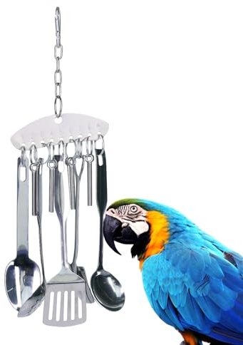 Jouet pour oiseaux en forme de cloche et d'anneau de cuillère – pour oiseaux en acier inoxydable, cuillères à ronger multifonctionnelles Tòys | Pendentif perroquet Toyy Bells pour conures, pins