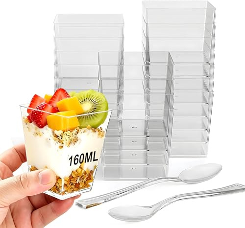 BTCLASSIC 50 Stück Dessertgläser Plastik, 160 ML/5 oz Transparent Dessertschalen Plastikbecher, Einweg Dessertbecher, Desserttasse Für Desserts Pudding Mousse Eis Party Buffet