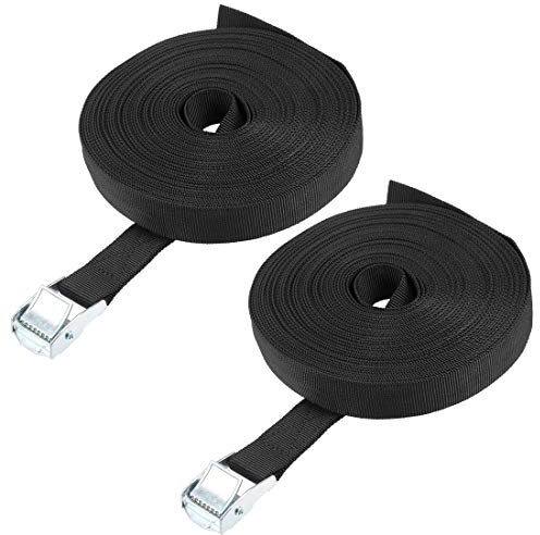 sourcing map Tie Down Strap Cam Buckle Lashing Strap 1 x 39Ft 176lb 80Kg Load Polypropylene for Moving Securing Cargo, Black, Pack of 2