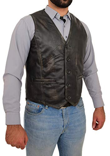 Herren Volles Leder Weste Jahrgang Schwarz Zweifarbig Gilet Traditionell Intelligente Weste King (L - EU 50)