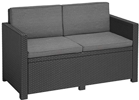Allibert by Keter Victoria Gartensofa - 2-Sitzer Lounge Sofa in Rattanoptik, Inkl. Sitz- & Rückenkissen, Pflegeleicht, Wetterfest, Grau, 129 x 63 x 77 cm