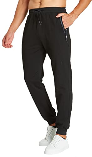 ZOXOZ Jogginghose Herren Baumwolle Sporthose Herren Trainingshose Männer Lang Fitness Hosen Herren mit Reißverschluss Taschen Schwarz M