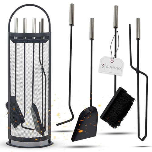 Suleno® Kaminzubehör BELFAST 5-tlg. Kaminbesteck Modern Edelstahl Schwarz Kamingarnitur Schaufel Schürhaken Zange Besen Ständer Ofenbesteck f. Kamin