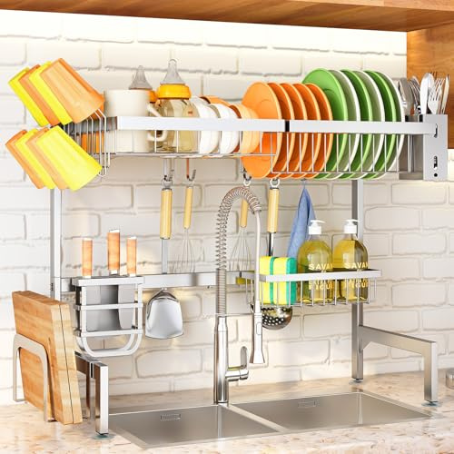 Over The Sink Dish Drying Rack, Full Stainless Steel 2-Tier Kitchen Counter Dish Drainer Rack Adjustable (33.8 to 41.5 inch), Expandable Dish Drying Rack with Kitchen Accessories, Silver