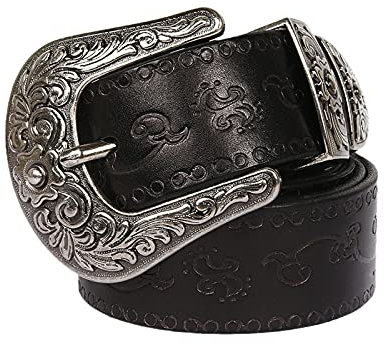 YDYBY Vintage Western Style Echtleder Gürtel für Herren Damen 105cm - 125cm Länge Fashion Embossed Pattern Nietengürtel für Oder Gothic-Outfits,Schwarz,125CM