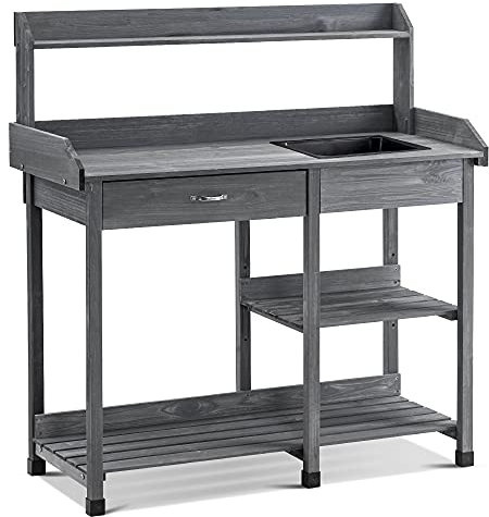 MCombo Pflanztisch Gärtnertisch Blumentisch 0458EY mit Waschbecken Schublade und Ablagefläche Wetterfest Holz, 115 x 45 x 121 cm (Anthrazit)