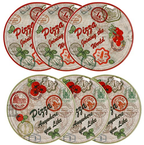 MamboCat 6er Set Pizzateller Moskau & Rom Grün & Rot Ø 33 cm I Weisse Porzellan Teller mit bunten Motiven zum Servieren für Antipasti und Tomate-Mozzarella I Pizza Platten Frühstücksteller farbig