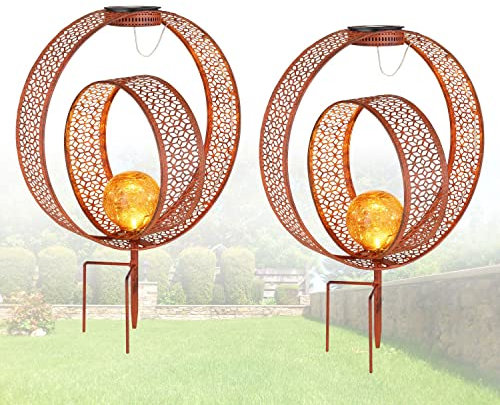 bmf-versand® Solarlampe für Außen Stehend Ring 2er Set – Solarleuchte Garten 42 cm – Außenleuchte Gartenlampe LED – Leuchte Solar Aussenlampe IP 44 Rostfarben Amber Erdspitz