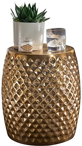 möbelando Beistelltisch 32x42x32 cm Aluminium Anstelltisch Gold Orientalisch Rund | Flacher Hammerschlag Sofatisch Metall | Design Wohnzimmertisch Modern | Ablagetisch Indisch Telefontisch
