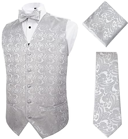 Alizeal Conjunto clásico de 4 piezas de chaleco jacquard de cachemira para hombre, plata, XXXL
