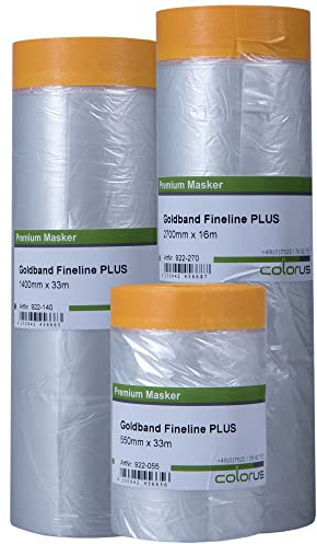 Colorus Masker Tape Set Gold 55, 140 und 270 cm Abdeckfolie | Goldband-Masker mit Abdeckfolie in 55 cm, 140 cm und 270 cm Breite für saubere Farbkanten beim Streichen