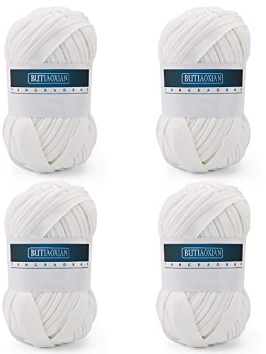 4 Pack 100g Grobes Baumwolle Garn zum Stricken und Häkeln T-Shirt Band Strickgarn Baumwolle Überwurfgarn Weiches Großes Garn Häkelgarn Set für Korb Taschen Decken Hüte Spielzeug Schals Weiß