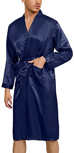 Irdcomps Peignoir Homme Satin Peignoir de Bain Hommes Robe de Chambre Kimono Chemise de Nuit Robe avec Ceinture Vêtements De Nuit Bleu L