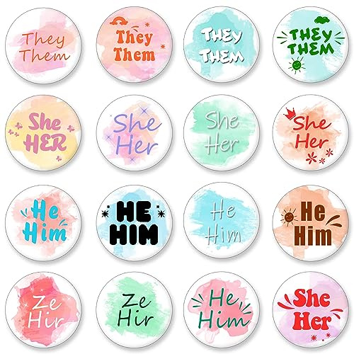 100pcs Pronoun Pins Bulk Pride Badges Buttons They Them Pronoun Pin He Him She Her Ze Hir Gender Identity and Blank Pins for Clothing, 16 Design 1.26inch