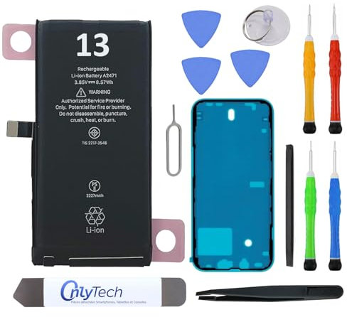 OnlyTech Batteria di ricambio premium per iPhone 13-3227mAh, identico all'originale, kit 12 strumenti professionali e adesivo schermo inclusi