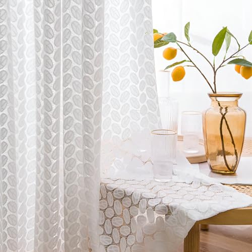 Yaland Jacquard Scheibengardine Elegante Gardine mit zarten Blättermuster Bistrogardine mit Stangendurchzug 1 Stück Weiß HxB 100x130cm