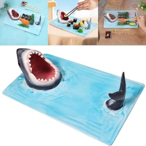 XIAOBAN Shark Sushi Plate,Shark Attack Sushi Plate,Shark Sushi Boat Serving Tray,Ceramic Shark Shape Sushi Plate,Shark Mouth Sushi Plate Board for Kitchen Dining Table(Blue)