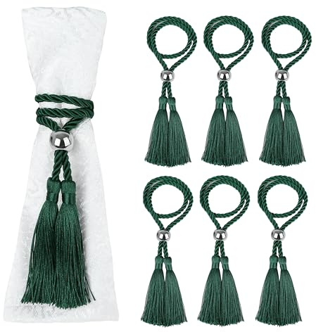 Fenghuangwu Serviettenringe mit Polyesterseil-Quasten, Serviettenringhalter, Serviettenschnalle mit Perlenbesatz für Esstisch, Hochzeit, Abendessen, Party, DIY-Dekoration, 6 Stück (Dunkelgrün,
