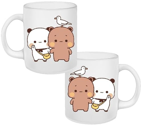 BubuDudu, 2 tazze da caffè in ceramica, 300 ml, grazioso orso, panda, Bubudu, coppia d'amore, tazza da caffè stampata, tazza da tè in ceramica bianca, regali per coppie, amici