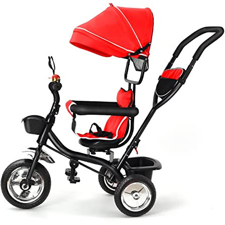 Willonin Dreirad für Kinder, mitwachsend, mit wendbarem Sitz, Dreirad für Kinder mit Stauraum, Sonnenblende, Teleskopstock und abnehmbaren Pedalen, für Kinder von 1 bis 5 Jahren (rot)