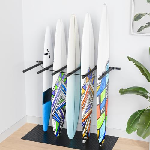 Surfboard Wall Mount Vertical Surfboard Rack for Wall with Elastic Cord and Rubber Mat, Outdoor Indoor Garage Storage Rack for Surf Board, Paddle Board, Wakeboard, Snowboard, Skateboard(6 Arms, 1Pcs)